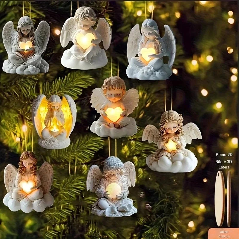 kit 8 pingentes de anjinhos em madeira pendurados na árvore de natal