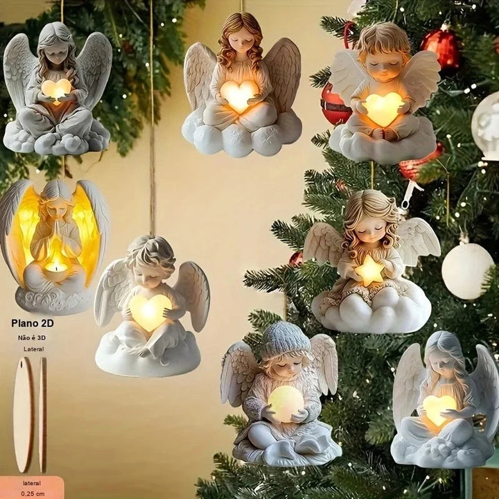 enfeites de anjo para árvore de natal em madeira com coração iluminado