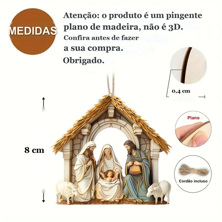 medidas do enfeite de presépio de madeira com 8 cm e cordão