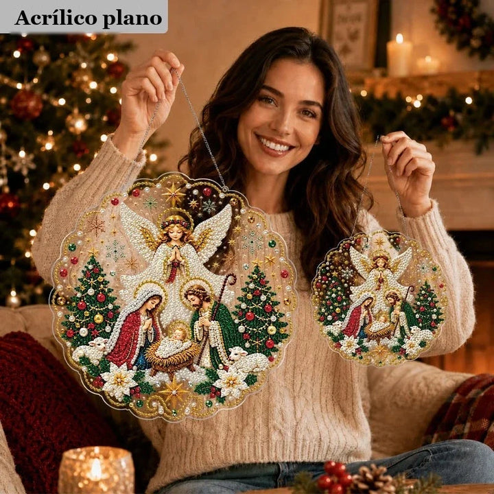 mulher segurando enfeites de pintura com diamantes de presépio