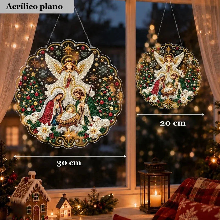 presépio de pintura com diamantes pendurado na janela de natal