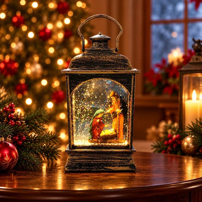 lanterna de natal acesa em mesa com decoração natalina