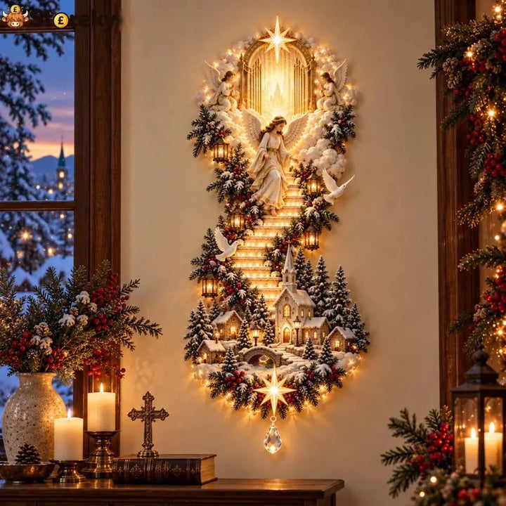 luminária de parede de Natal com anjo e escada de luz como presente para a avó