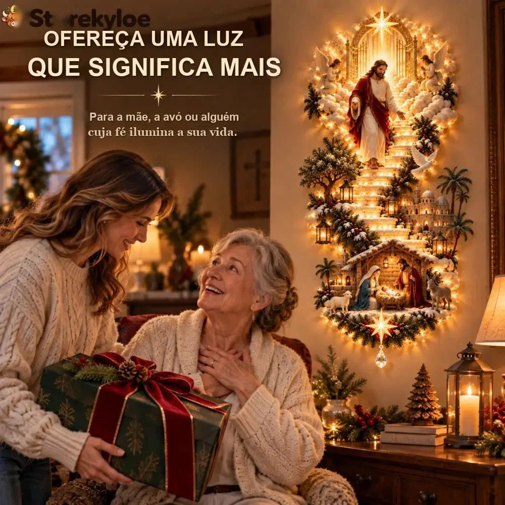 luminária de parede de Natal com Jesus como presente para quem tem fé