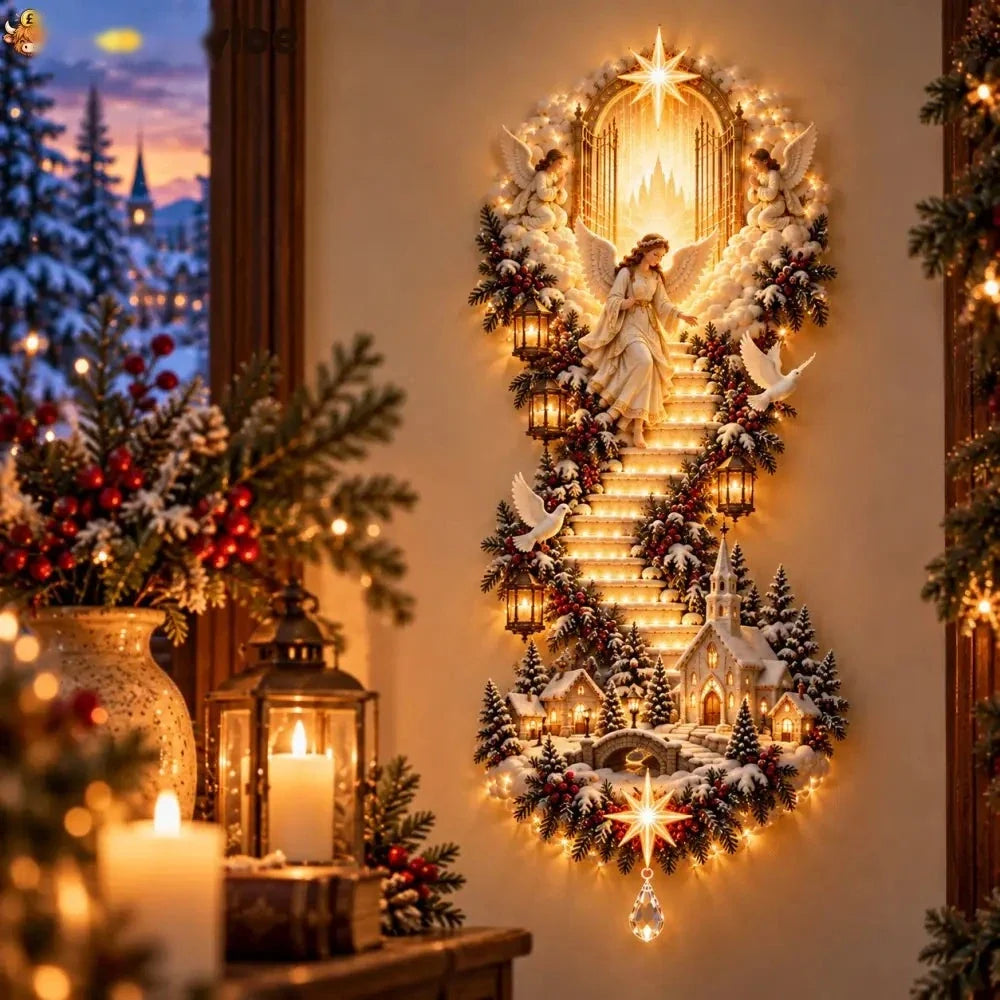 luminária de parede de Natal com anjo e vila nevada acesa ao lado da janela