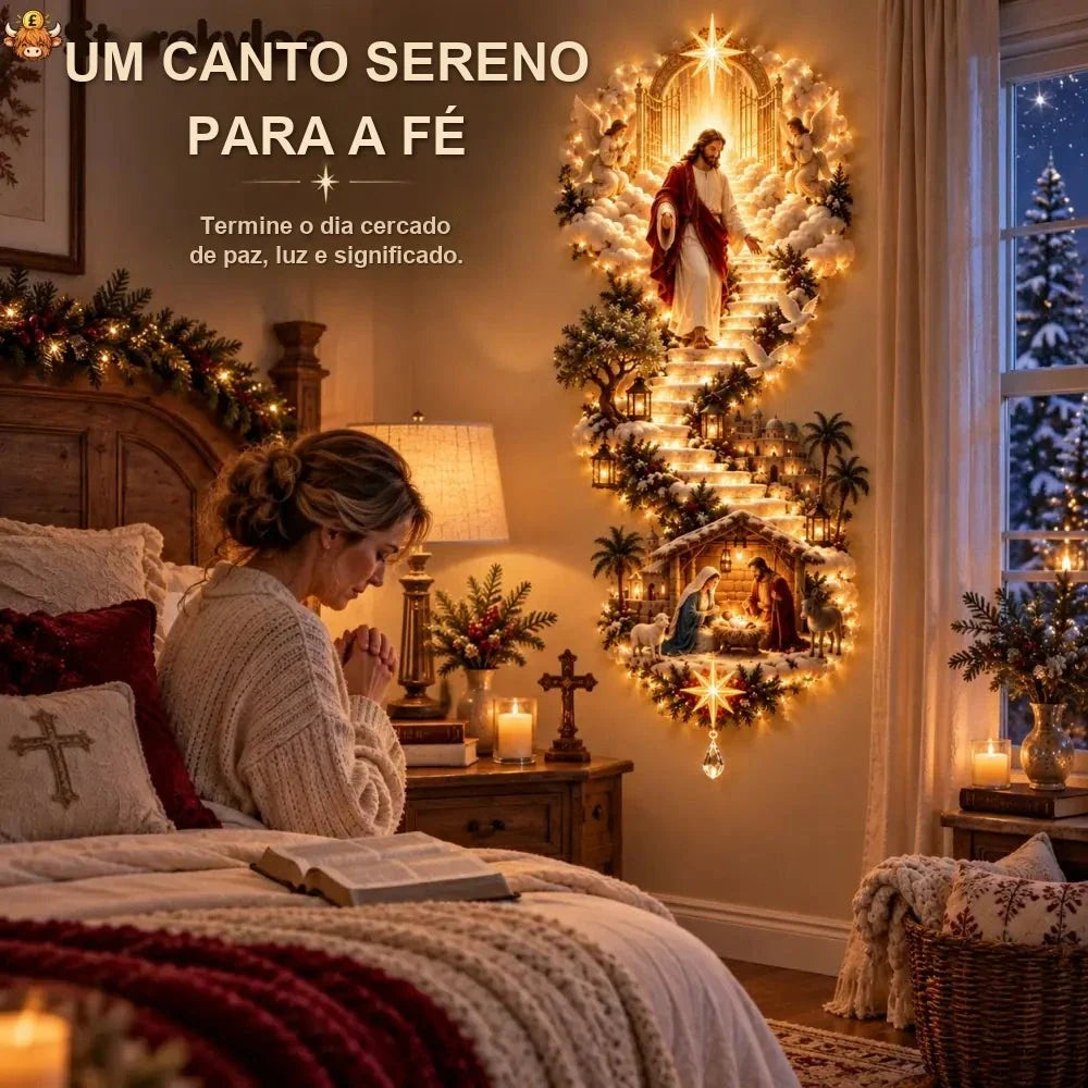 canto de oração com luminária de parede de Natal iluminada