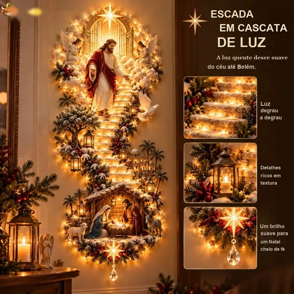 detalhes da escada de luz, lanternas e estrela da luminária de parede de Natal