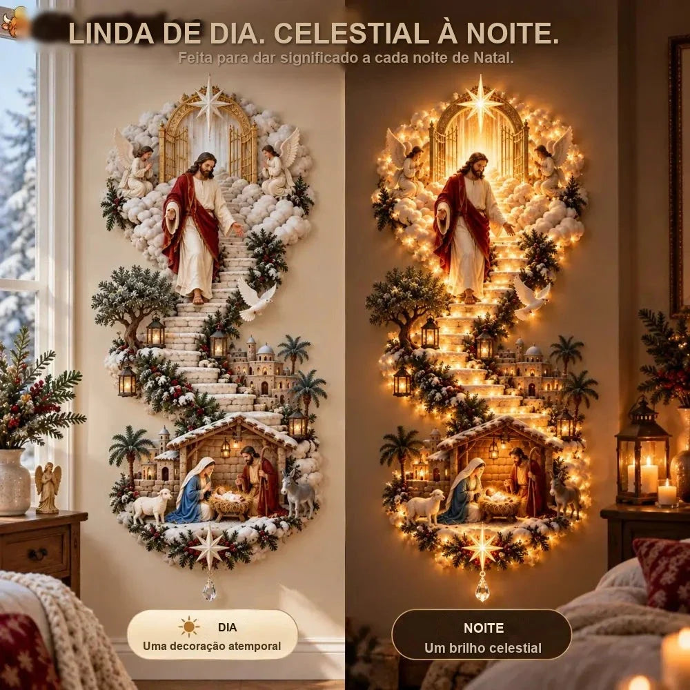 luminária de parede de Natal com Jesus de dia e acesa à noite