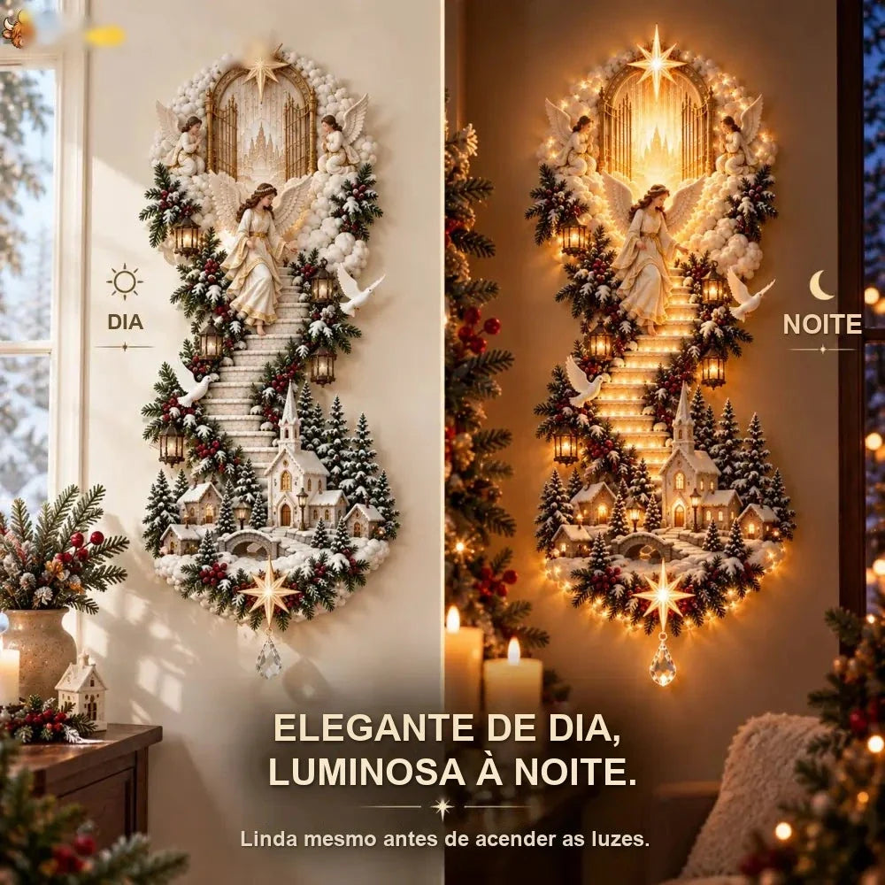 luminária de parede de Natal com anjo de dia e acesa à noite