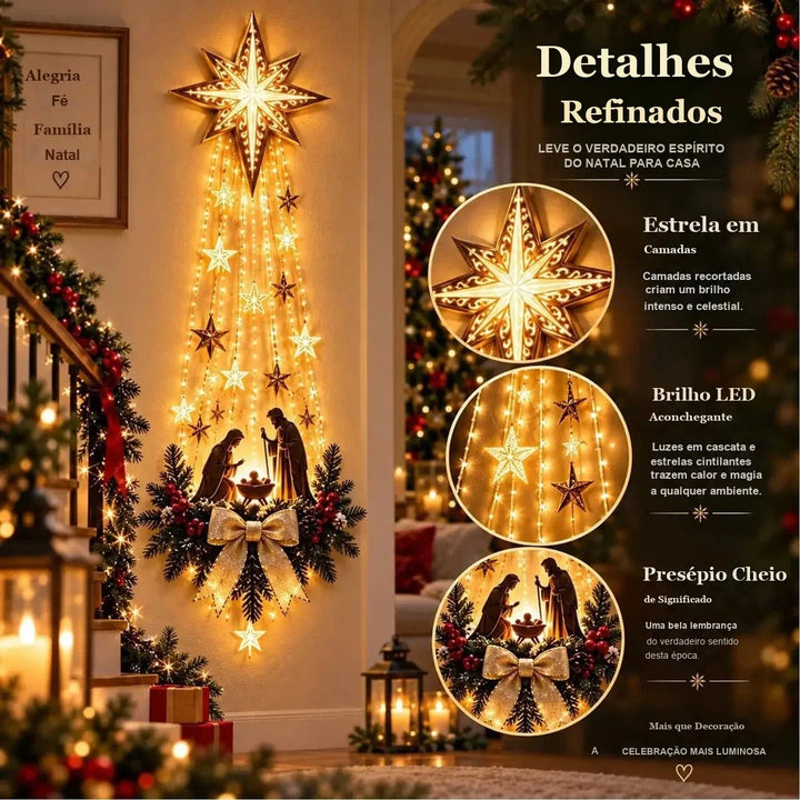 detalhes da estrela de belém iluminada com presépio e laço dourado