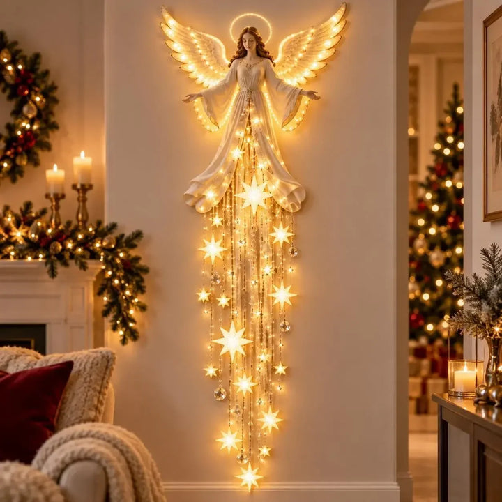 luminária de parede anjo de natal com asas iluminadas e véu de estrelas