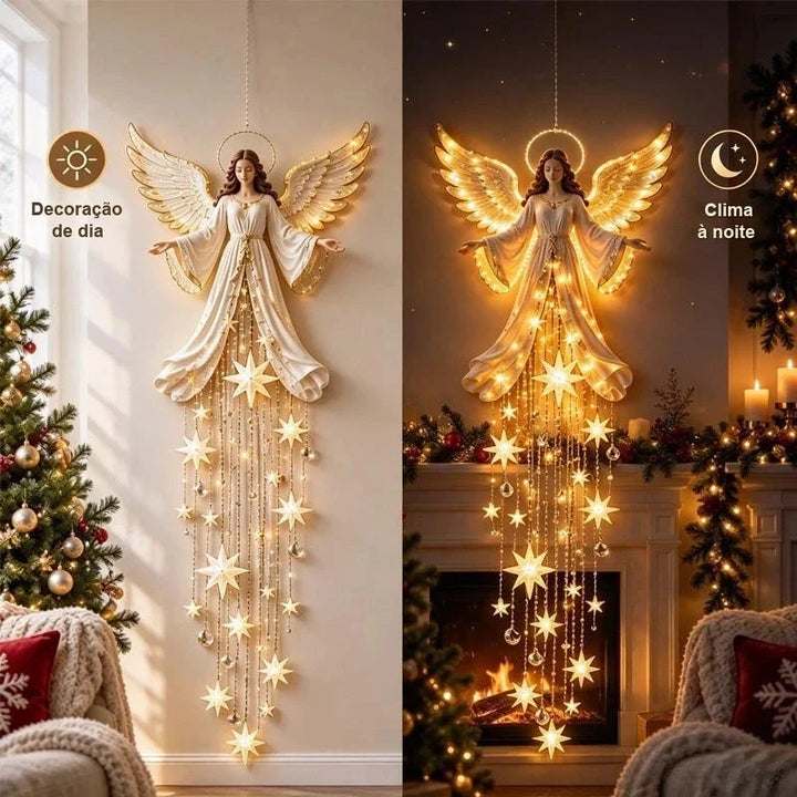 anjo de natal de parede durante o dia e aceso à noite