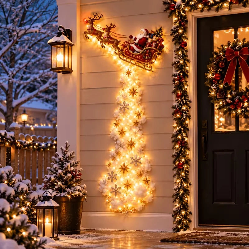 luminária de parede de natal com trenó e renas ao lado da porta