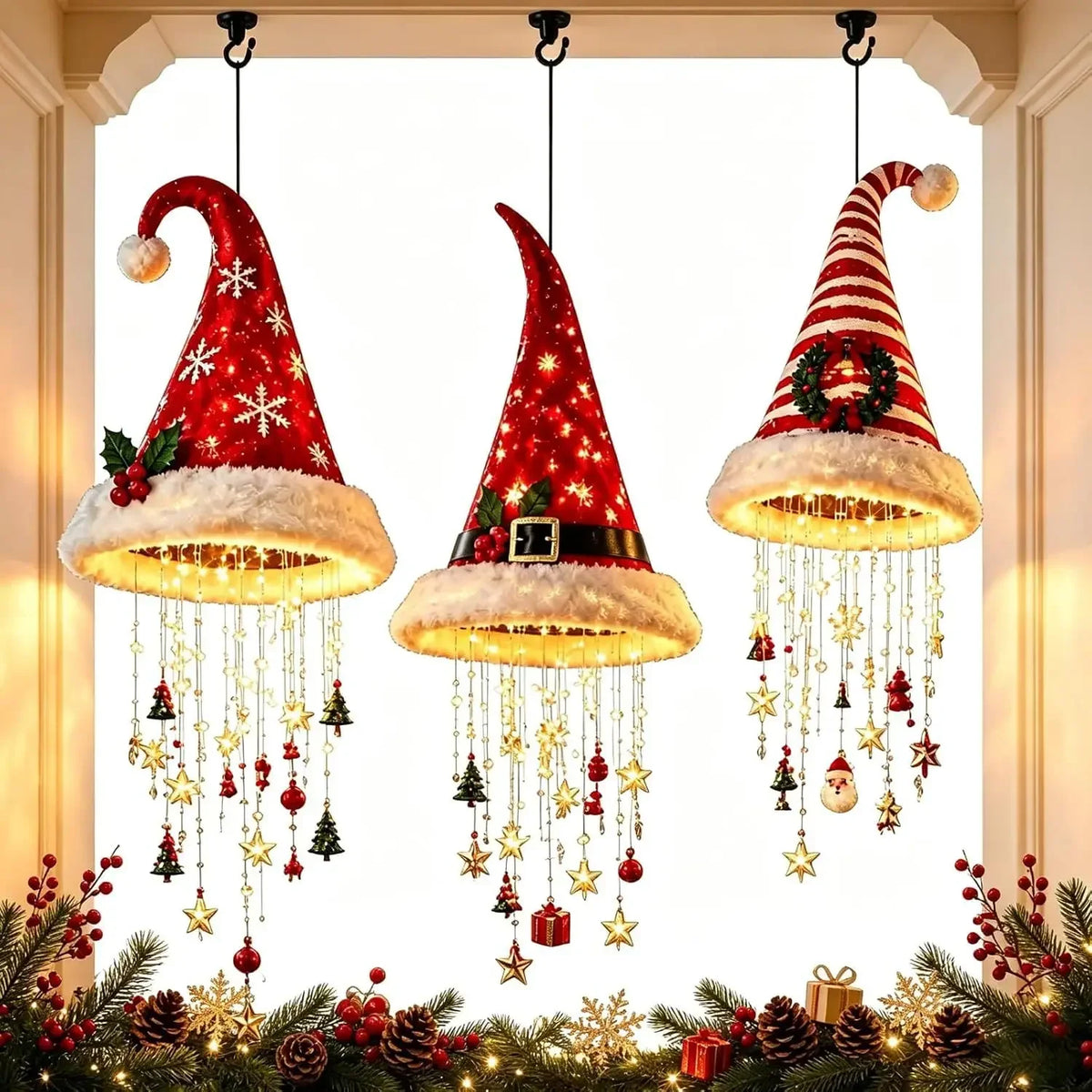 três luminárias gorro de natal penduradas na janela com pingentes dourados