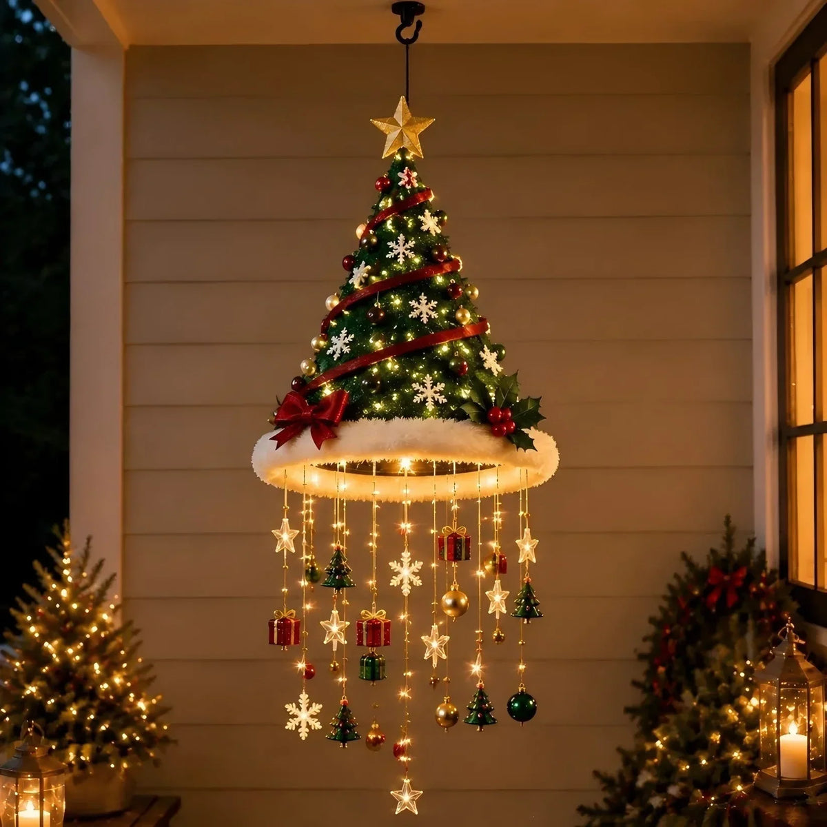 luminária pendente gorro árvore de natal com estrela e pingentes