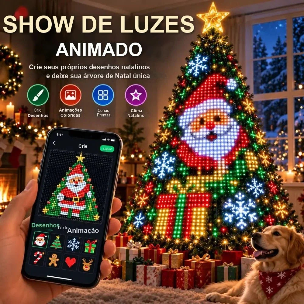 pisca pisca inteligente rgb com app para criar desenhos na árvore de natal