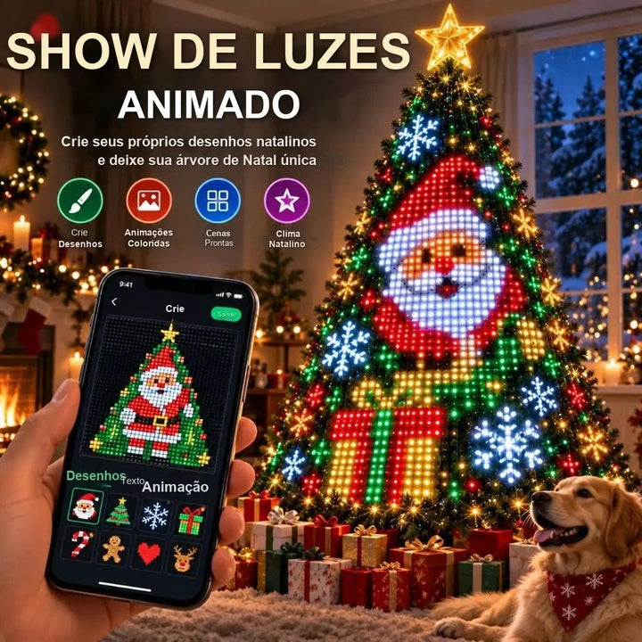 pisca pisca inteligente rgb com app para criar desenhos na árvore de natal