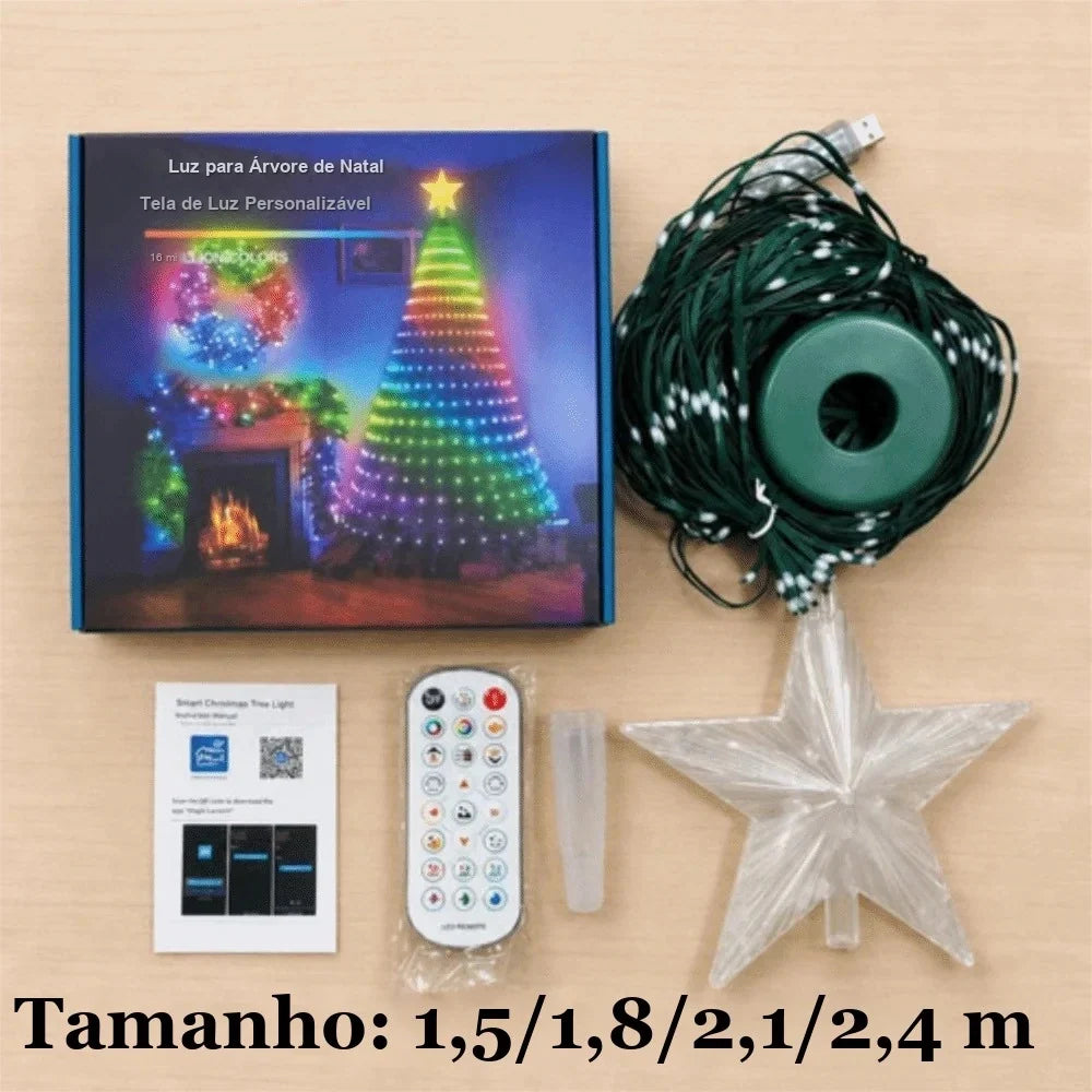 conteúdo da luz de árvore de natal inteligente com estrela, controle e manual