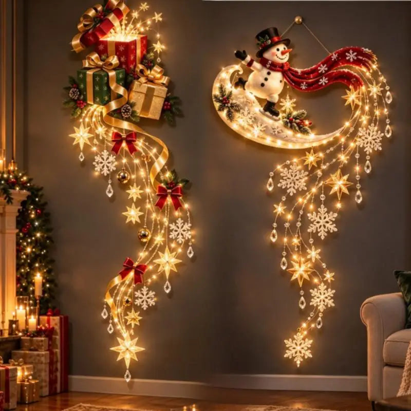 luz de parede de natal em cascata com presentes e boneco de neve