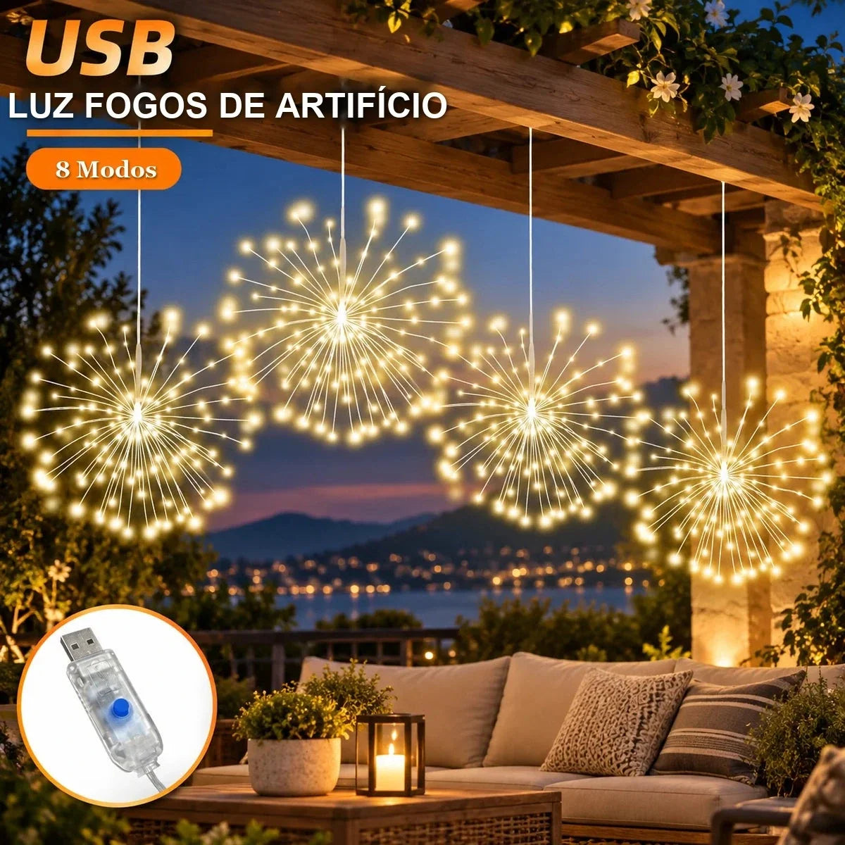 luz fogos de artifício led usb pendurada no pergolado da varanda