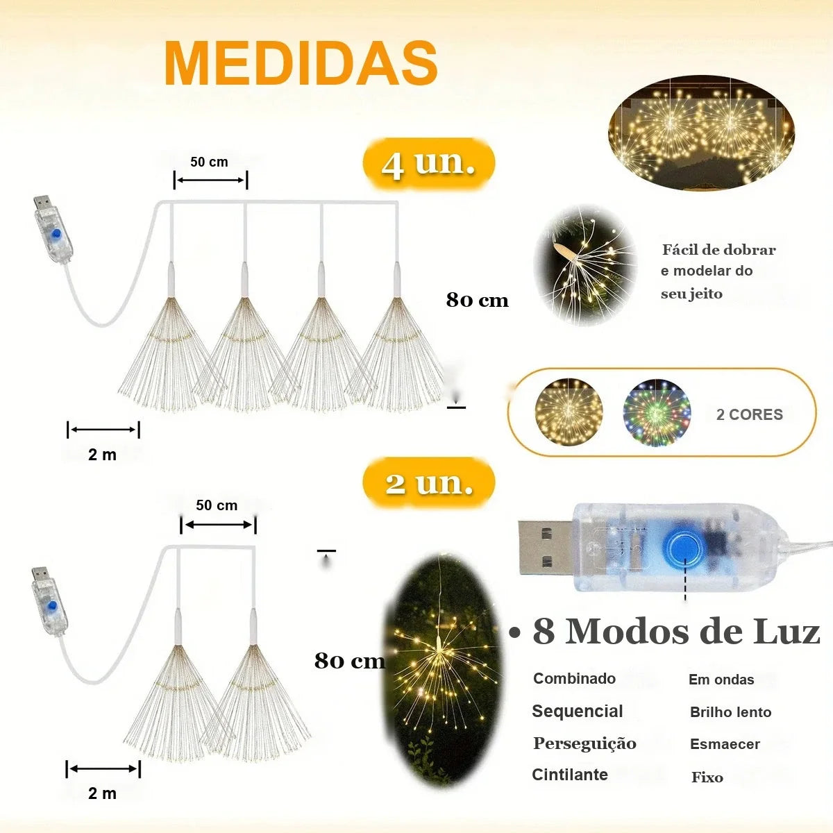 medidas da luz fogos de artifício com 2 m de cabo e 8 modos de luz