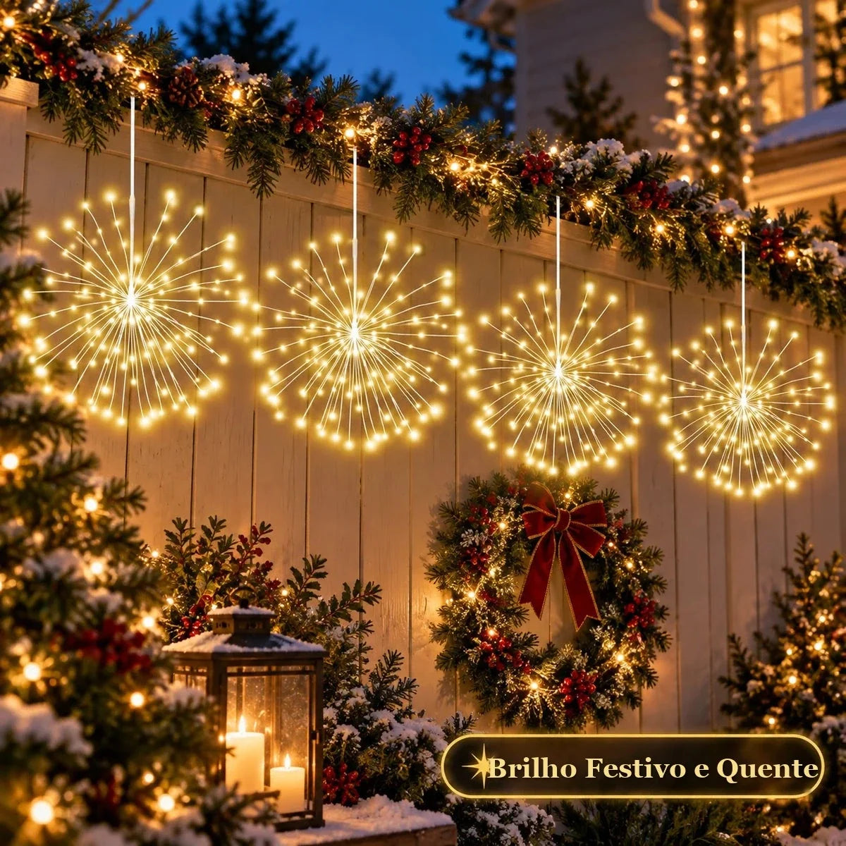 luzes de fogos de artifício decorando cerca do jardim no natal