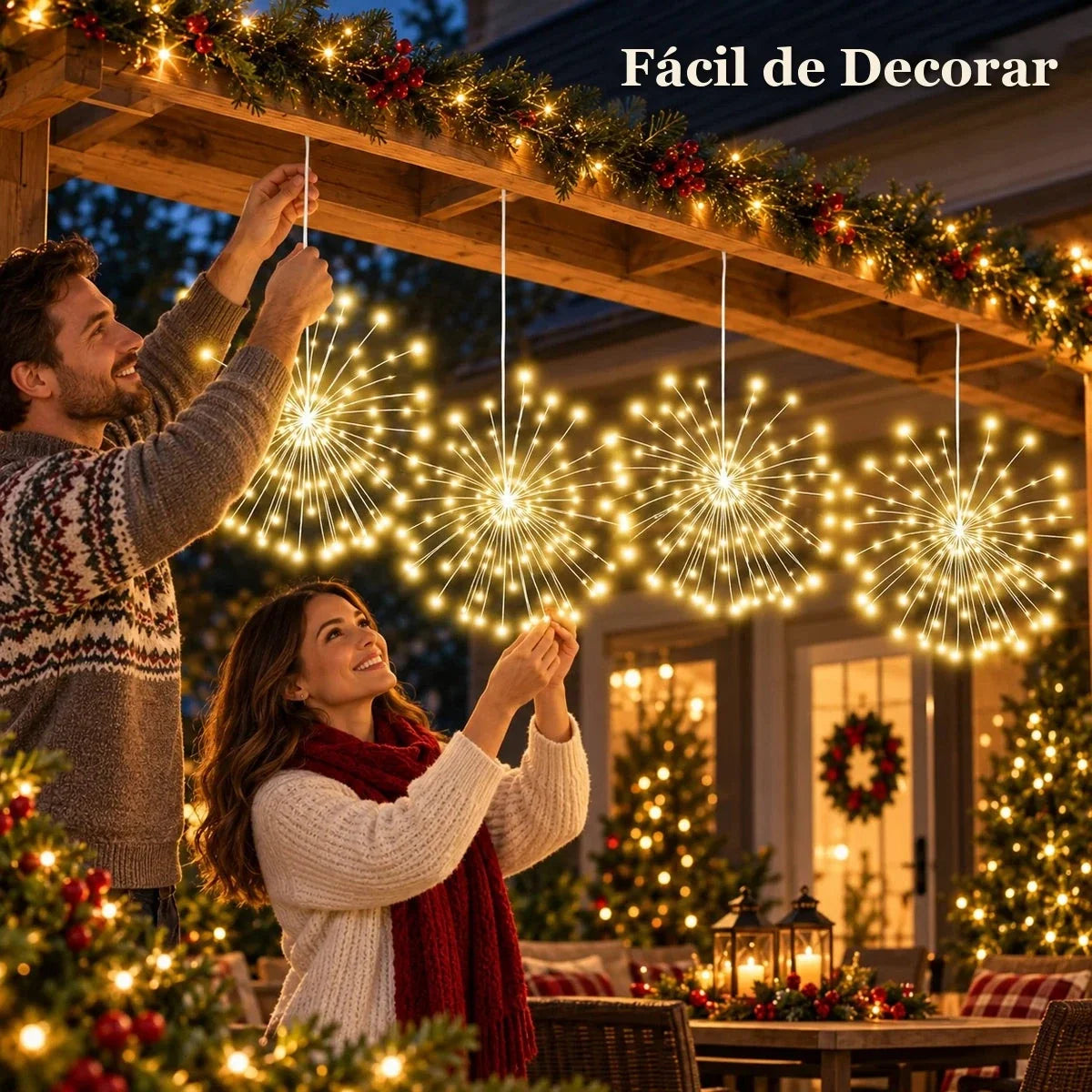 casal pendurando luz fogos de artifício led na varanda