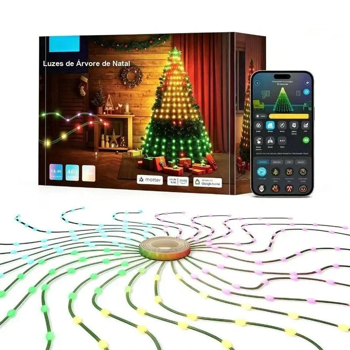 cordões de led rgbic para árvore de natal com anel central e embalagem