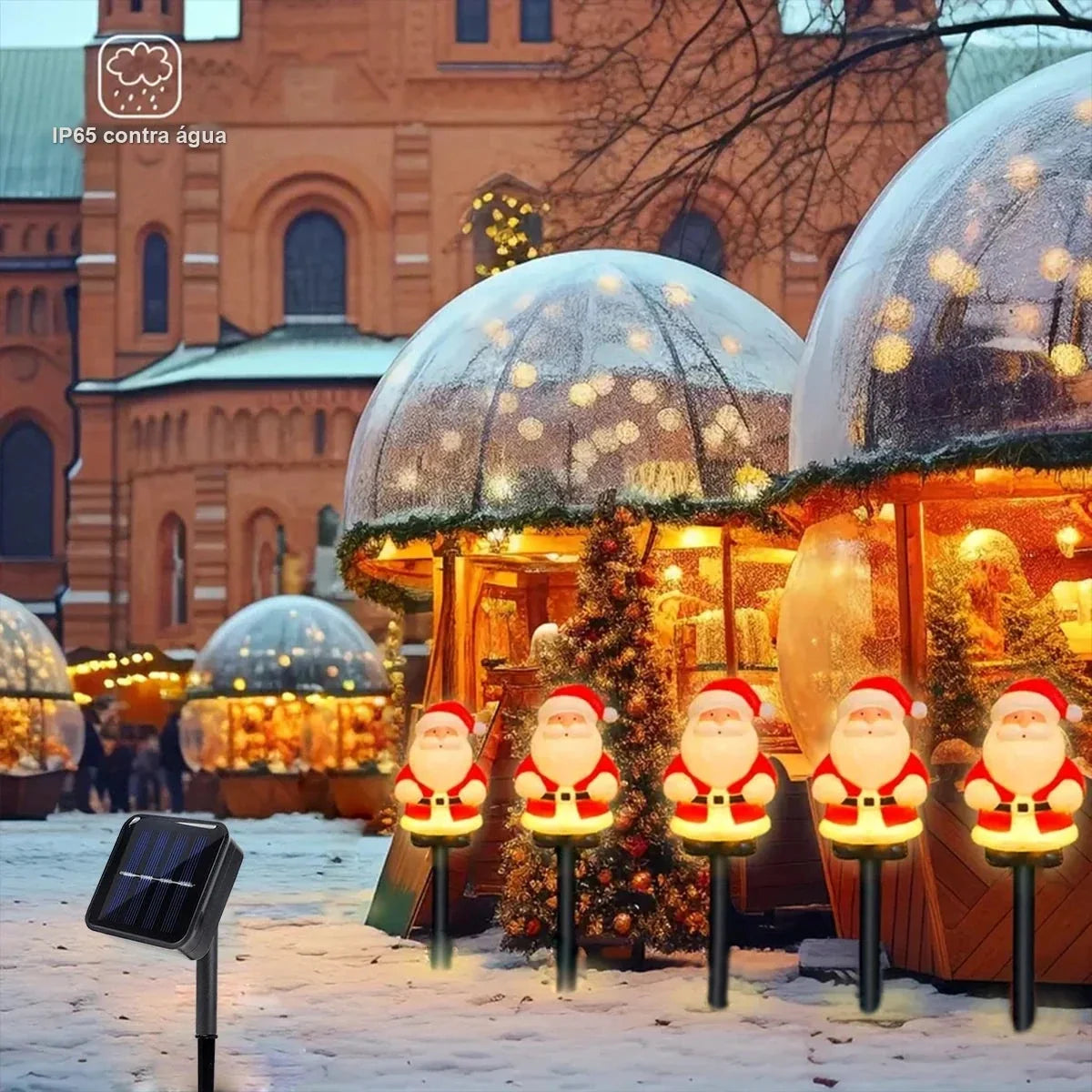 cinco estacas de papai noel iluminadas com painel solar