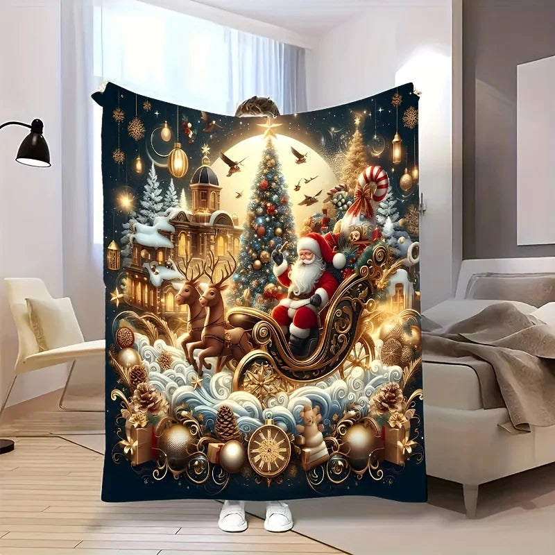 manta natalina com trenó dourado e árvore iluminada