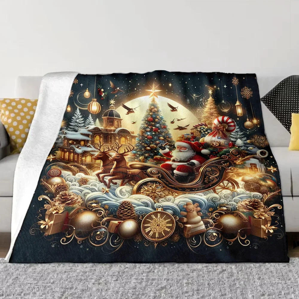 manta de natal com trenó do papai noel sobre sofá