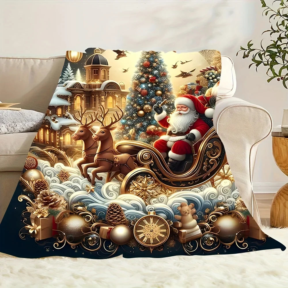 manta de flanela com trenó do papai noel sobre poltrona