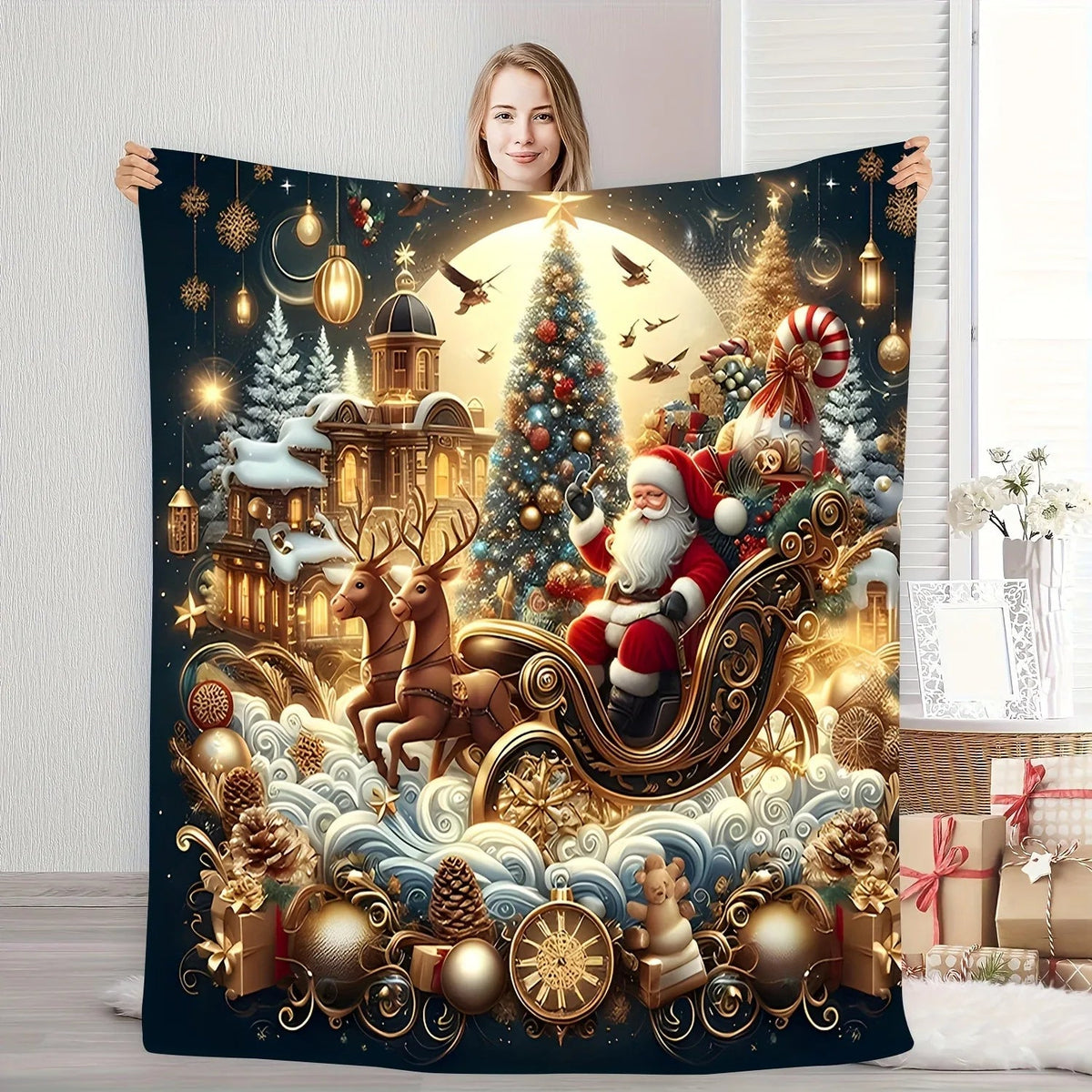 manta de natal azul e dourada com papai noel