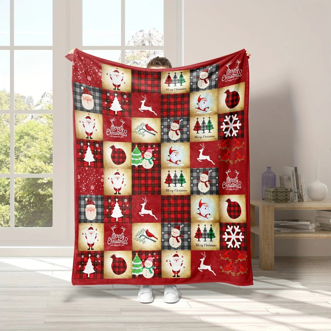 manta natalina patchwork com papai noel e renas erguida