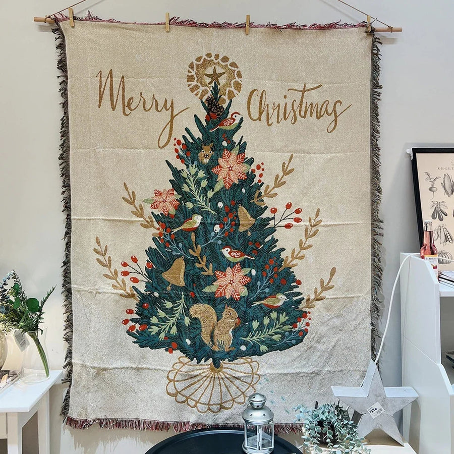 Manta Natalina Tecida com Cenas de Natal e Franjas