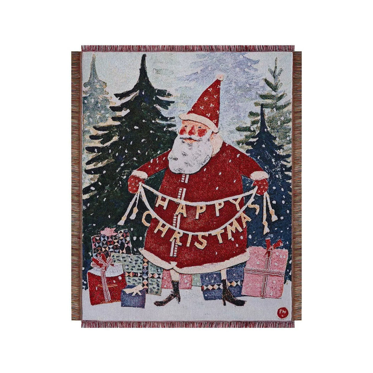 manta de natal tecida com papai noel e presentes