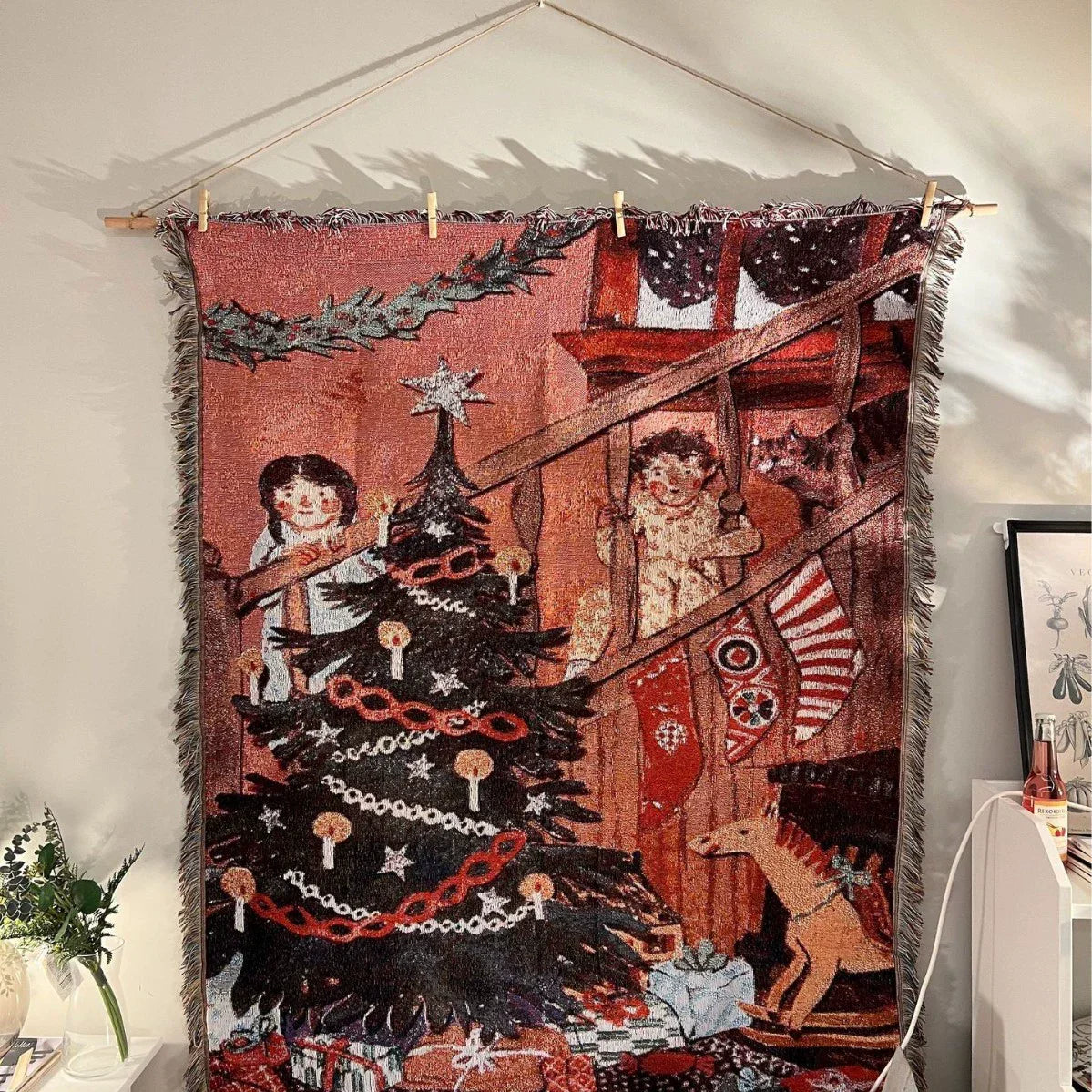 manta natalina tecida com árvore de Natal e franjas