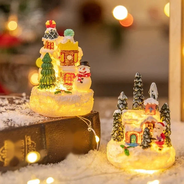 Mini Casinha de Natal Iluminada com Papai Noel em Resina