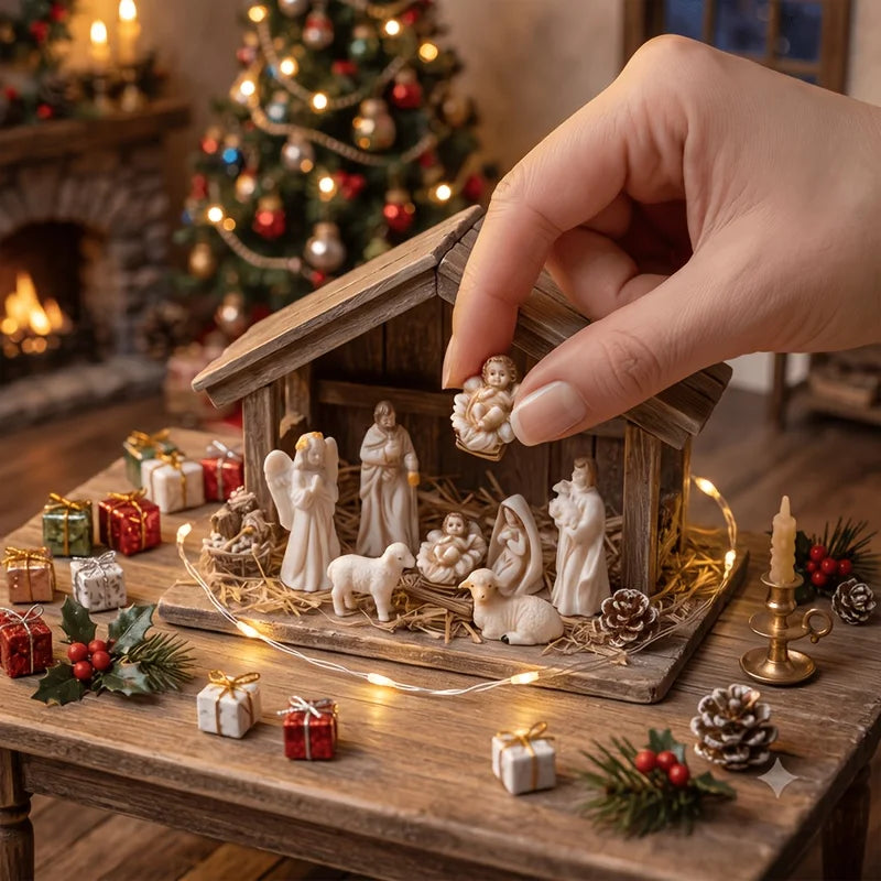 mini presépio sagrada família em resina montado em estrebaria de madeira