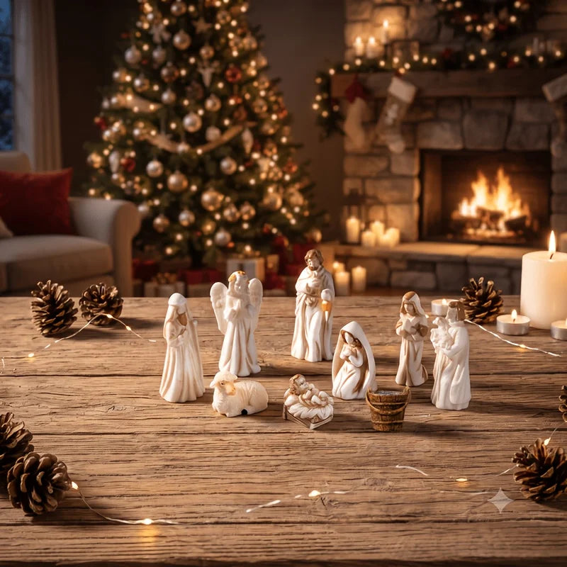 figuras do mini presépio de natal em resina marfim sobre mesa rústica