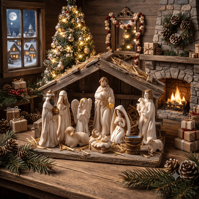 presépio de natal em miniatura completo em estrebaria com árvore ao fundo