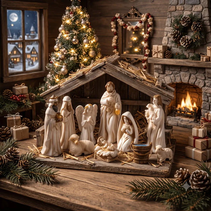 presépio de natal em miniatura completo em estrebaria com árvore ao fundo