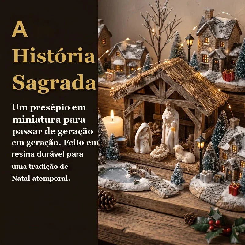 mini presépio sagrada família em vila de natal com casinhas nevadas