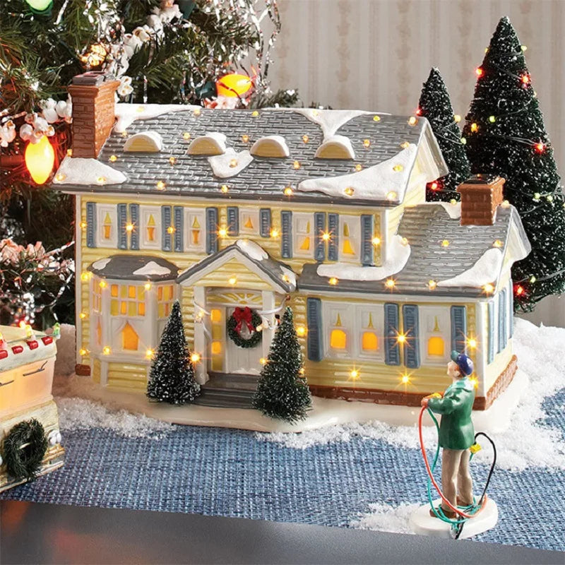 miniatura de vila de natal casa amarela com neve em resina