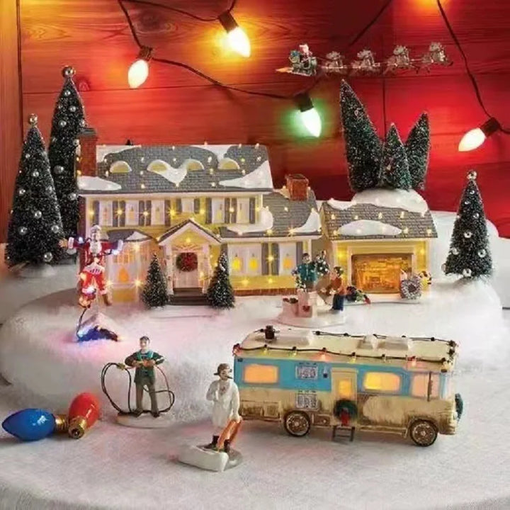 vila de natal montada com casa trailer e personagens em resina