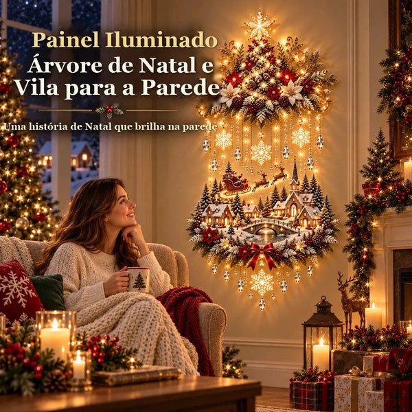 Painel de Parede Árvore de Natal e Vila com Luzes em Cascata