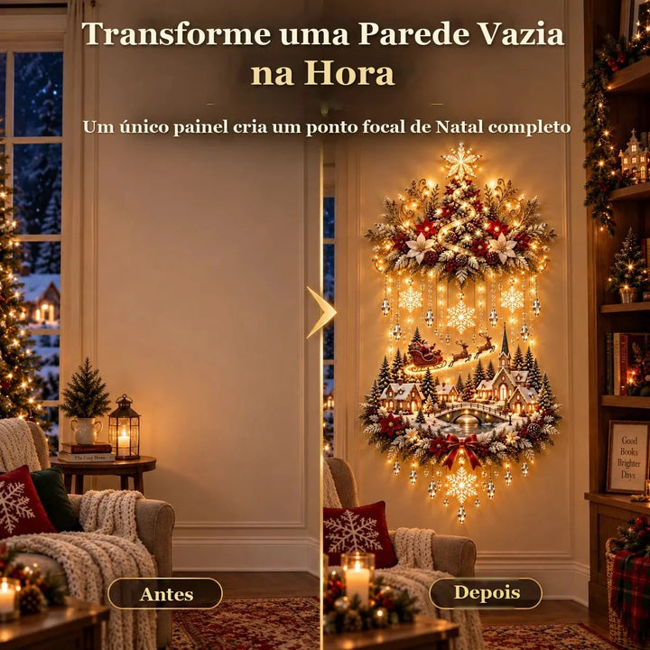 sala antes e depois de pendurar o painel de parede de Natal iluminado