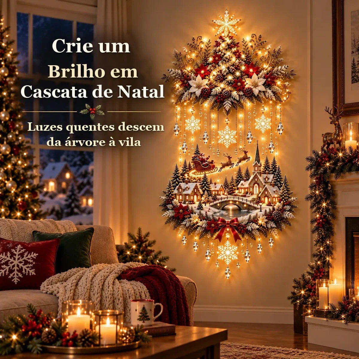 luzes quentes em cascata da árvore até a vila no painel de Natal