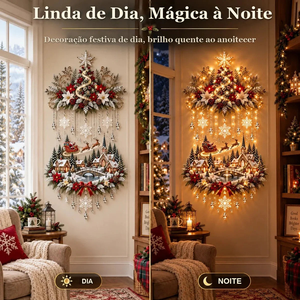 painel de parede de Natal visto de dia e aceso à noite