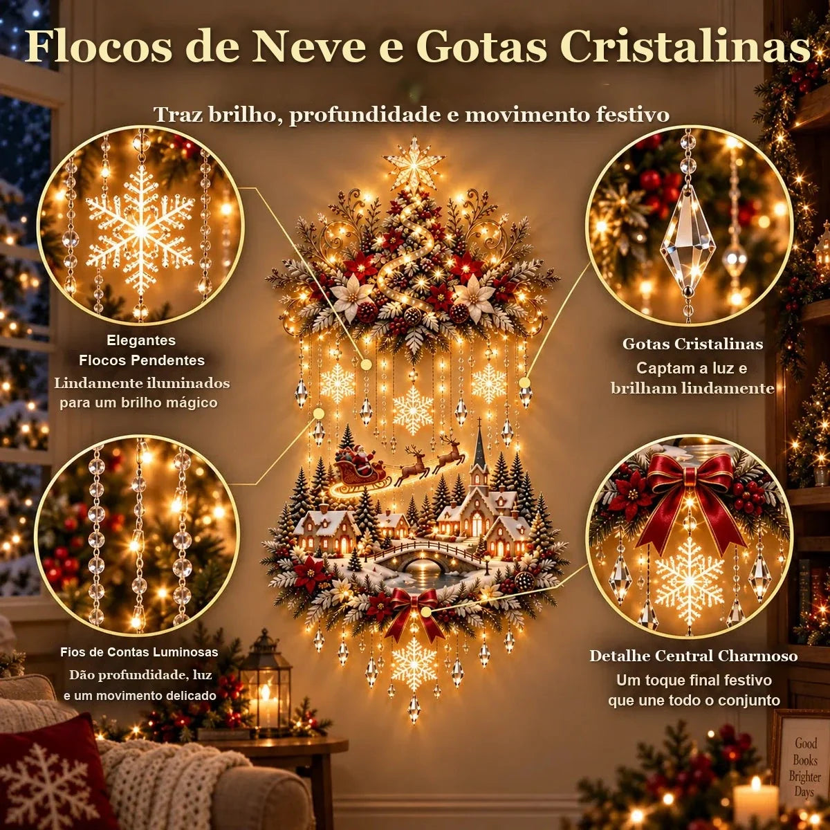 flocos de neve, gotas cristalinas e fios de contas luminosas do painel de Natal